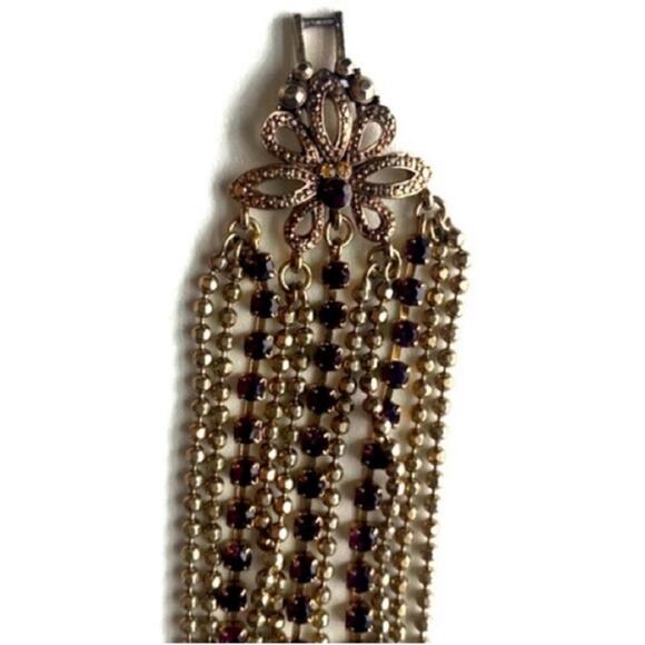 Gold Tone and Purple Beaded Rhinestone Multi Strand Bracelet - Picture 3 of 5